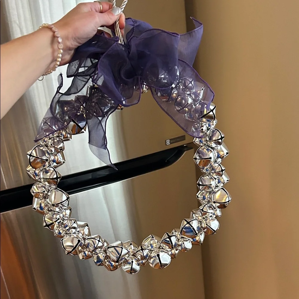 Silver Bell Christmas Wreath with Purple Ribbon